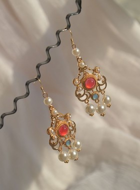 敦煌耳饰耳环2022年新款潮绿粉蓝紫白色汉唐风珍珠耳夹女无耳洞