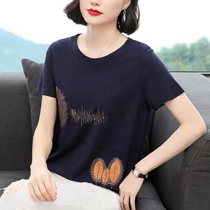 2025新款纯棉刺绣短袖t恤女夏季大码女装妈妈装宽松显瘦百搭上衣