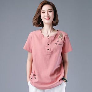 新款棉麻短袖t恤女宽松2025夏季亚麻大码中年妈妈装打底上衣小衫