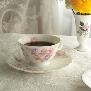中古日本产Noritake则武半手绘粉色花卉陶瓷咖啡杯碟红茶杯礼物