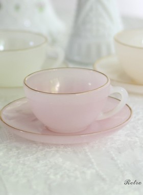 Retro中古法国arcopal马卡龙色奶玻璃咖啡杯碟绿色黄色蓝色茶具