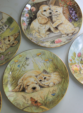 中古英国Royal Worcester皇家伍斯特猫狗装饰盘瓷盘挂盘摆件礼物