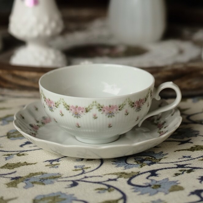 Retro中古德国kaiser粉色玫瑰花帷幔咖啡杯红茶杯浮雕精致下午茶