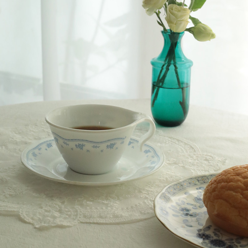 Retro中古美国CORELLE奶玻璃蓝色小花咖啡红茶杯碟小清新下午茶