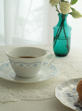 Retro中古美国CORELLE奶玻璃蓝色小花咖啡红茶杯碟小清新下午茶