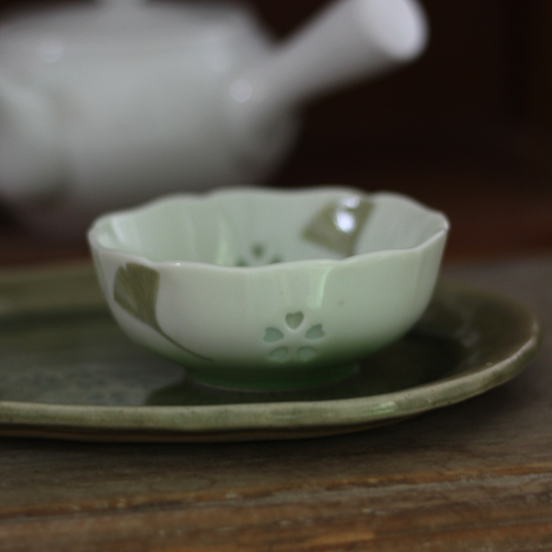 中古日本春字底款玲珑小茶杯银杏叶主人杯品茗杯小清新礼物功夫茶