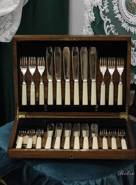 Retro中古英国镀银骨柄刀叉一对精美雕花西餐餐叉甜品摄影道具