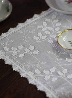 Retro手工法式绣花纯棉餐垫餐巾白色铃兰花蕾丝桌布盖巾台布茶几