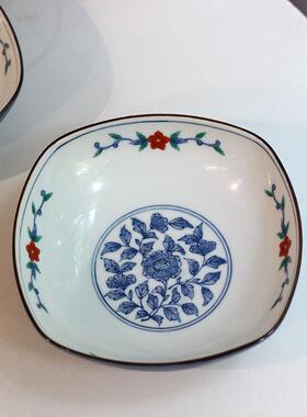 中古日本橘吉内绘青花方形碗甜品碗果盘菜盘面碗餐具礼物陶瓷釉下
