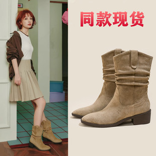吴昕同款高跟短靴堆堆靴2026粗跟西部牛仔靴内增高鞋马丁靴女靴子