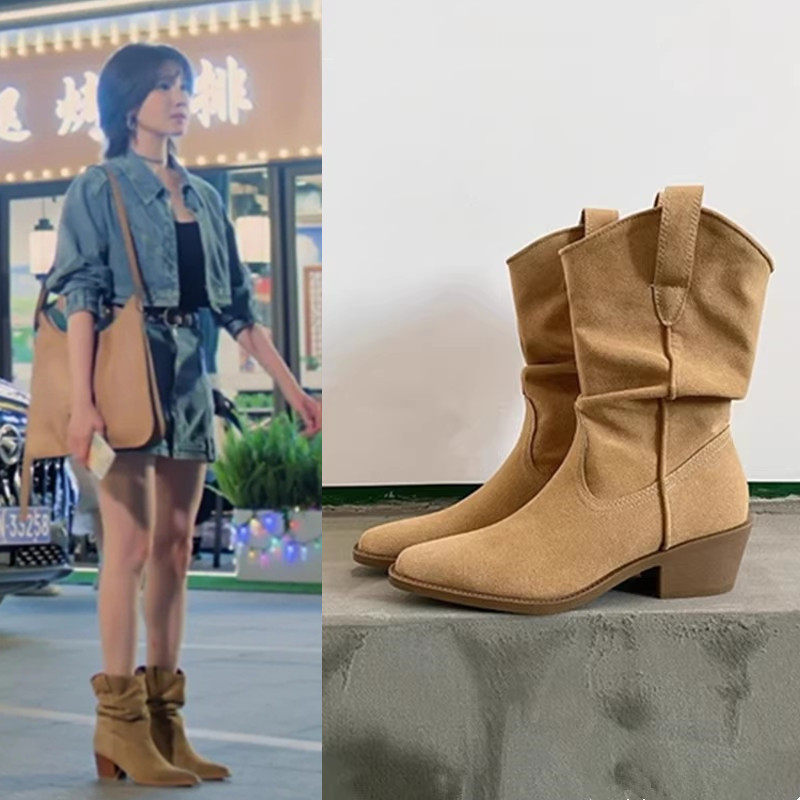 狙击蝴蝶春畅陈小纭同款堆堆靴尖头粗跟西部牛仔靴加绒马丁短靴子,女鞋,马丁靴,淘宝优惠券,粉丝福利购,淘宝优惠卷
