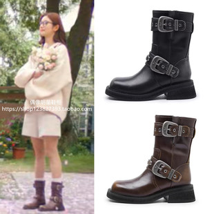 爱你沈惜凡徐若晗赵昭仪同款鞋棕色马丁靴皮带扣美拉德厚底短靴子