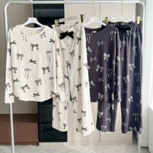 日系gp蝴蝶结少女系莫代尔棉长袖长裤宽松睡衣女士家居服套装圆领