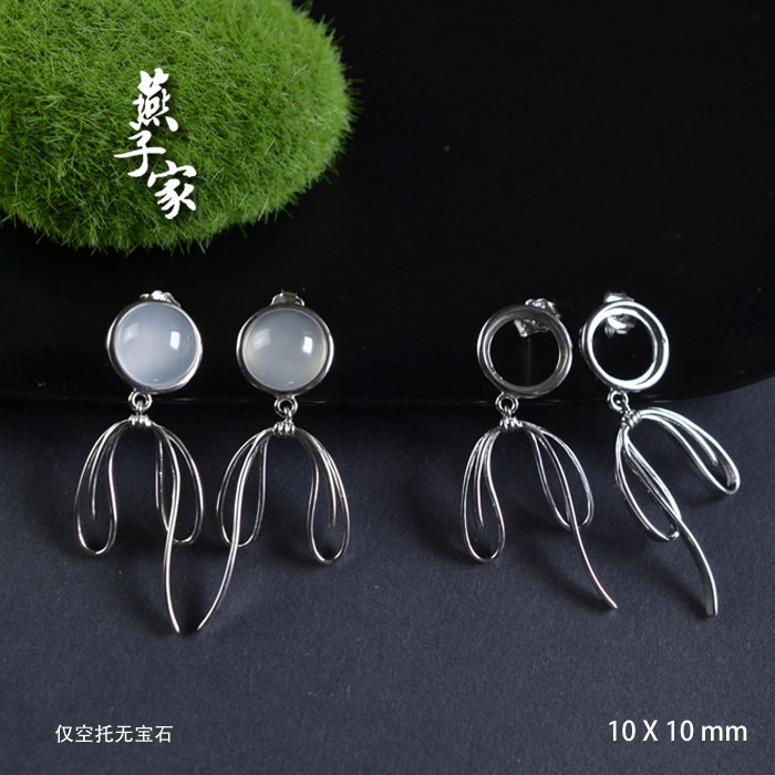 燕子家925纯银耳环托高档绸带耳钉配件空托10*10包邮耳饰底座