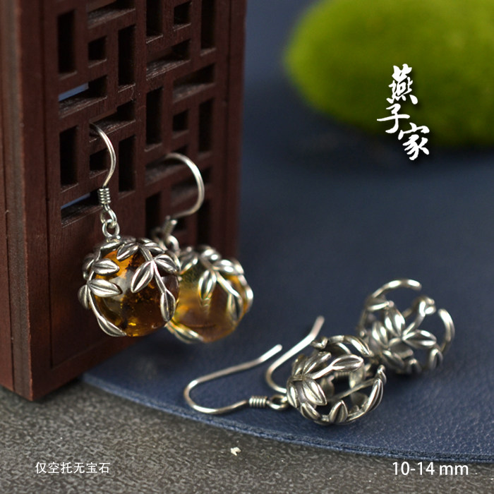 燕子家纯银10mm无孔圆珠12mm珠子免打孔925银耳环托14mm珠子配件