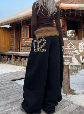 YAMMYUKI复古豹纹数字印花加绒阔腿裤叠穿毛毛腰带宽松百搭休闲裤