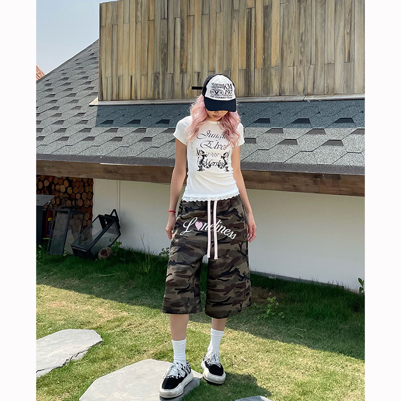 美式复古迷彩工装七分裤男女同款