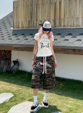 YAMMYUKI美式复古2025夏字母印花迷彩运动裤灰色休闲阔腿七分裤