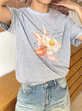 YAMMYUKI美式复古植物花印花短袖T恤夏季宽松正肩上衣男女情侣款