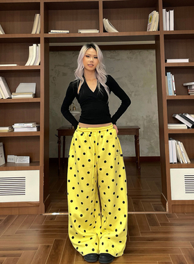 YAMMYUKI美式黄色波点满印刺绣加绒休闲长裤爵士舞阔腿宽松卫裤