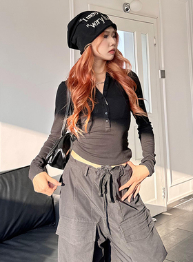 YAMMYUKI欧美辣妹V领螺纹长袖春季打底百搭修身弹力显瘦内搭上衣