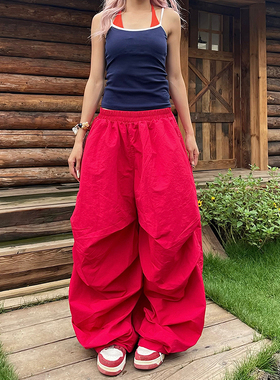 YAMMYUKI美式复古辣妹褶皱刺绣阔腿垂感休闲裤宽松慵懒拖地伞兵裤