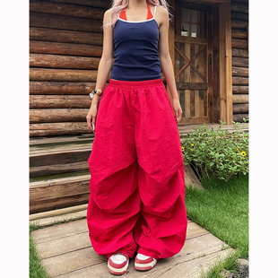 YAMMYUKI美式复古辣妹褶皱刺绣阔腿垂感休闲裤宽松慵懒拖地伞兵裤