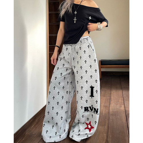 满印十字架休闲宽松bf跳舞运动裤