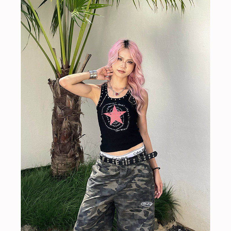 美式辣妹星星字母印花工字背心女