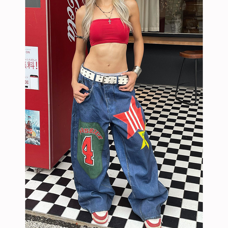 美式嘻哈星星数字印花阔腿牛仔裤