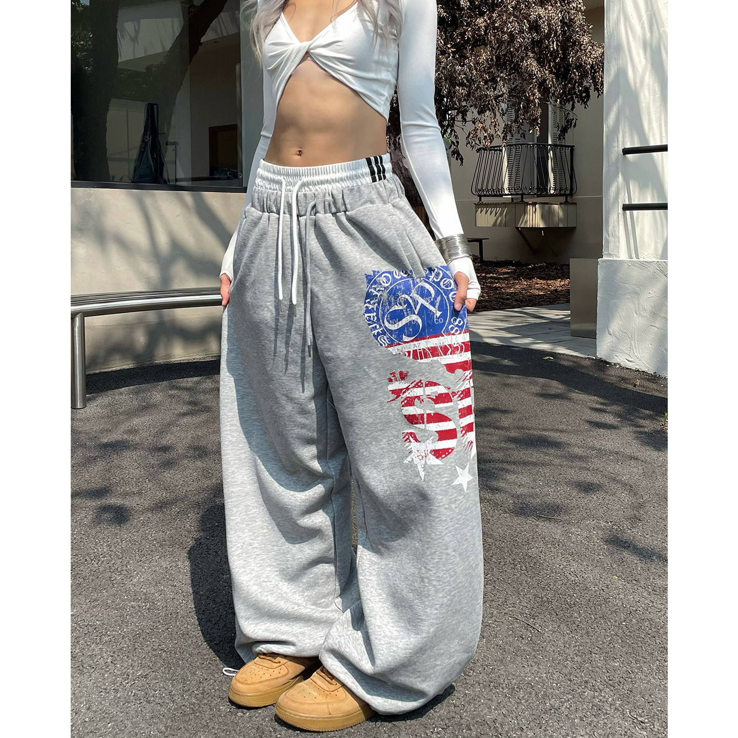 美式设计感字母印花爵士舞休闲裤