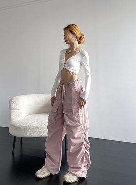 YAMMYUKI辣妹街头抽绳运动大口袋工装降落伞跳舞百搭轻薄高腰长裤