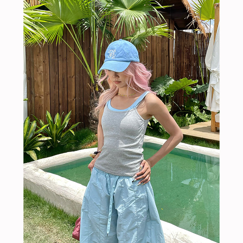 美式辣妹假两件撞色修身显瘦上衣