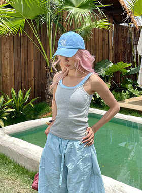 YAMMYUKI美式辣妹海边假两件撞色修身显瘦上衣女小众外穿吊带背心