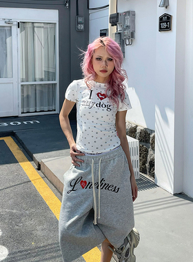 YAMMYUKI美式复古爱心字母刺绣迷彩七分裤男女宽松休闲阔腿直筒裤