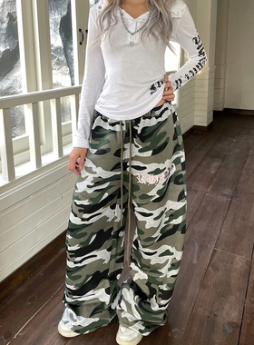 YAMMYUKI美式迷彩哥特风字母印花抽绳卫裤宽松休闲阔腿跳舞长裤