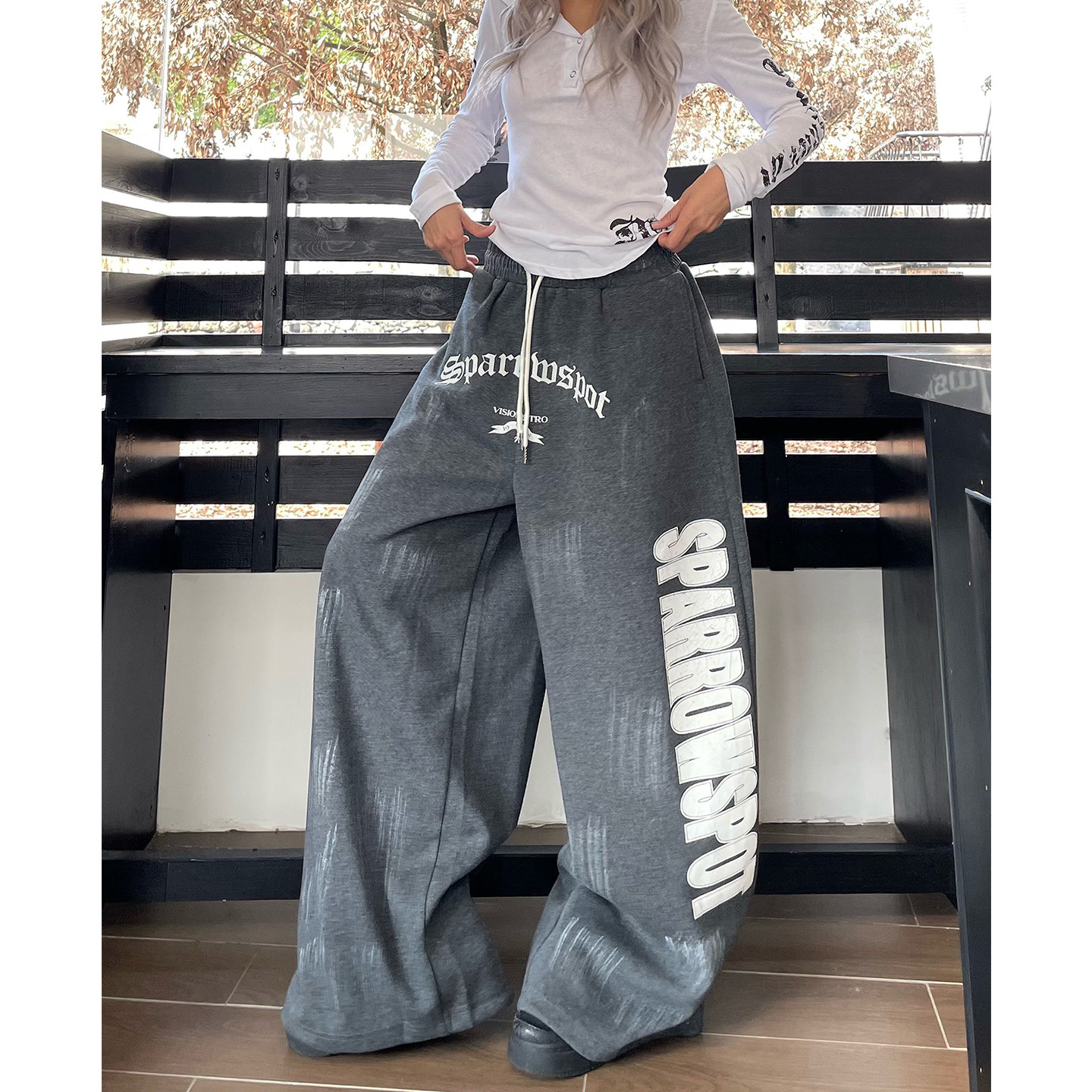 美式做旧侧边字母印花抽绳阔腿裤