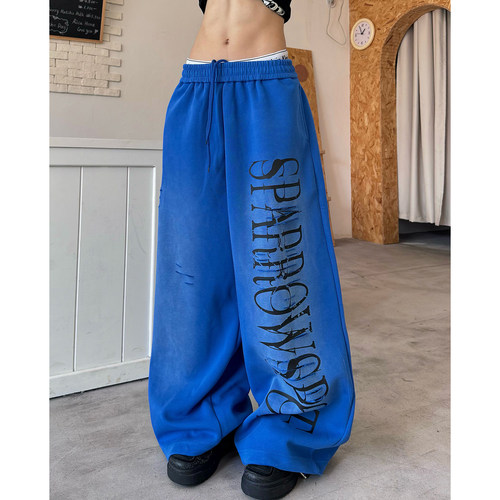 美式复古字母印花抽绳弯刀卫裤