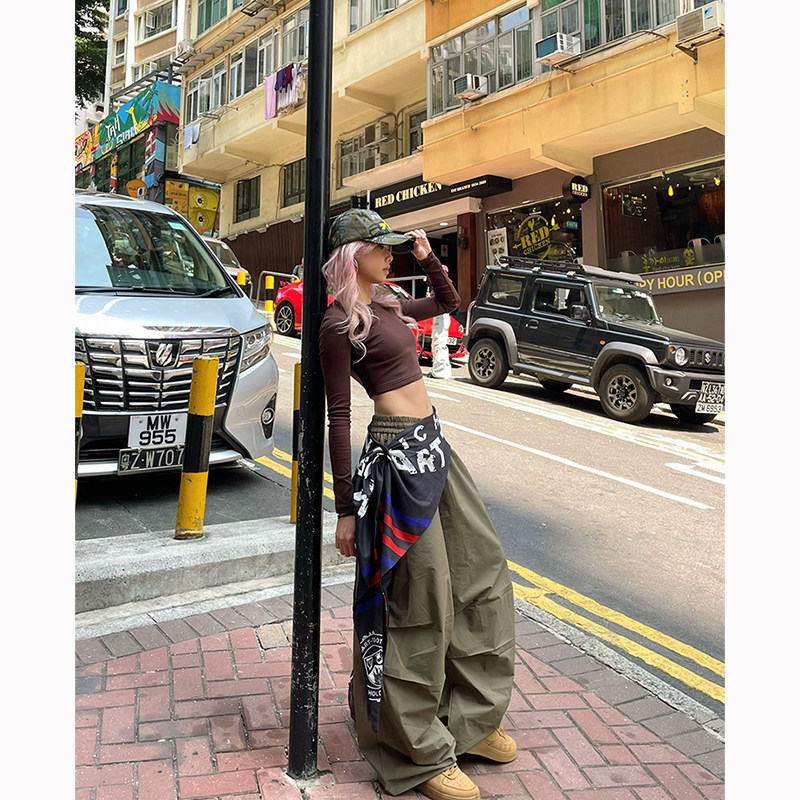 YAMMYUKI美式辣妹街头可拆卸屁帘叠穿伞兵裤松紧休闲宽松阔腿长裤