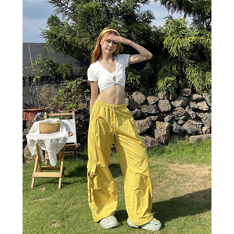 美式多巴胺黄色纽扣抽绳工装裤