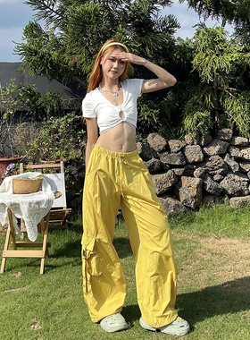 YAMMYUKI美式多巴胺黄色纽扣飘带抽绳机能风工装休闲直筒阔腿裤
