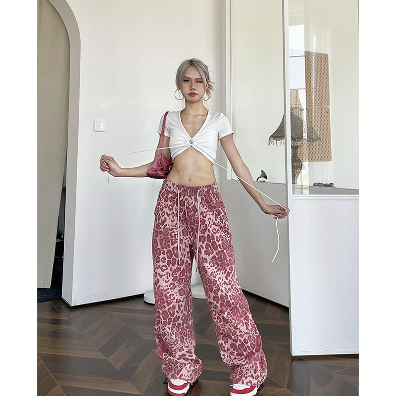 YAMMYUKI美式高腰豹纹直筒长裤