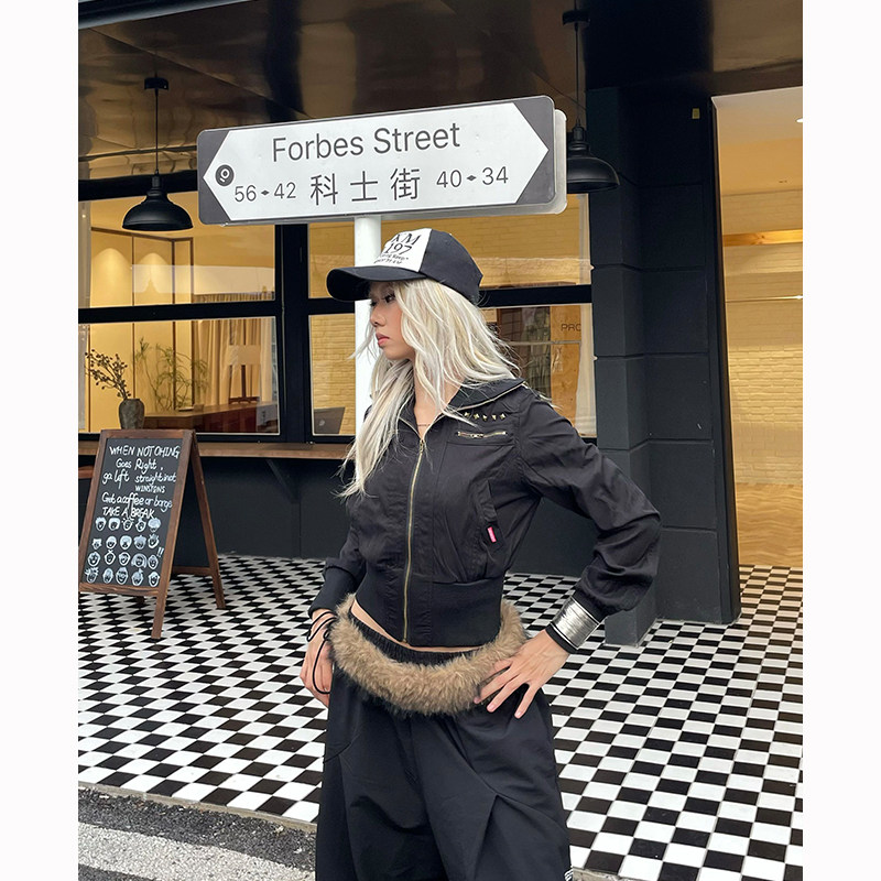 美式复古立领短款开衫外套女