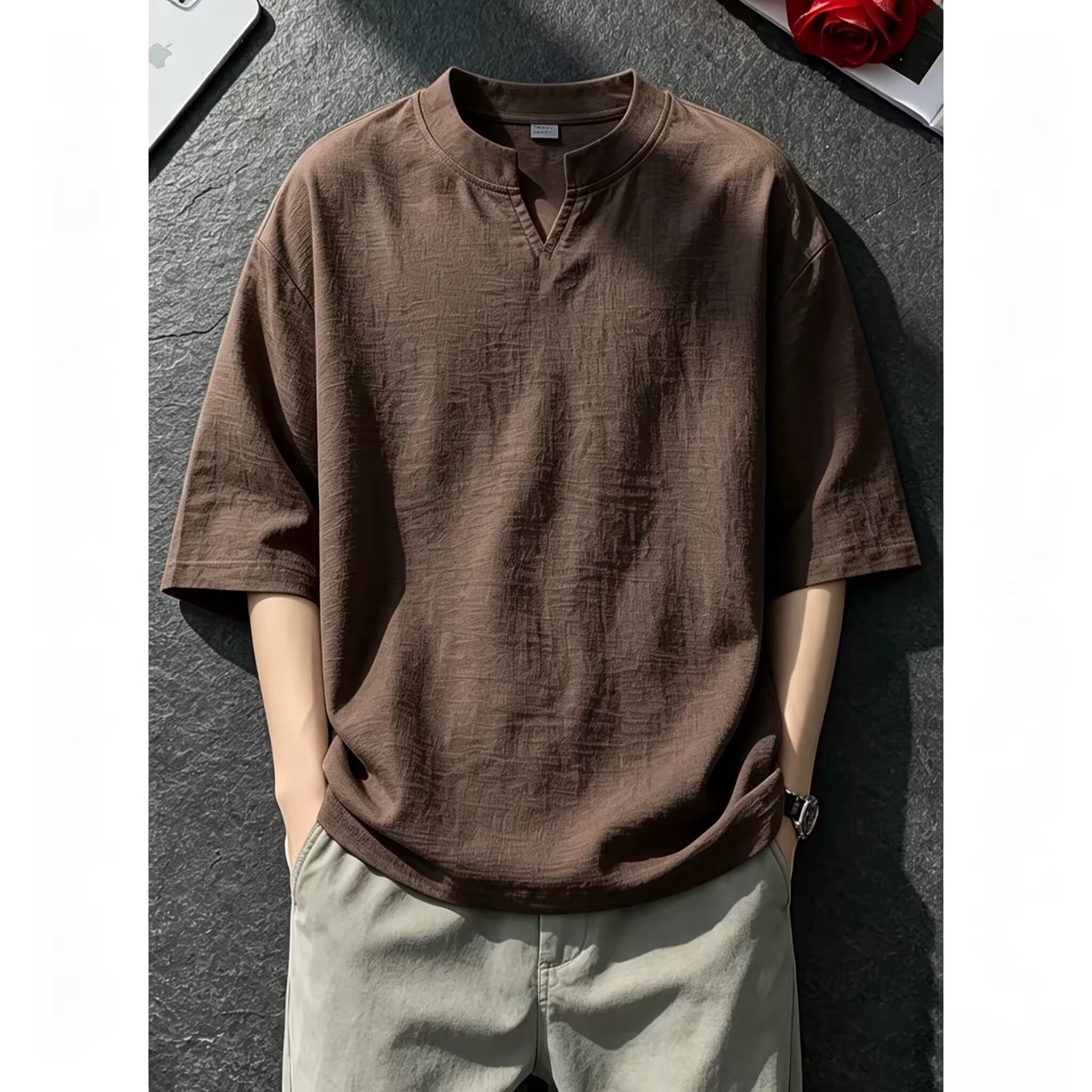 日式立领棉麻V领短袖男夏薄款图片