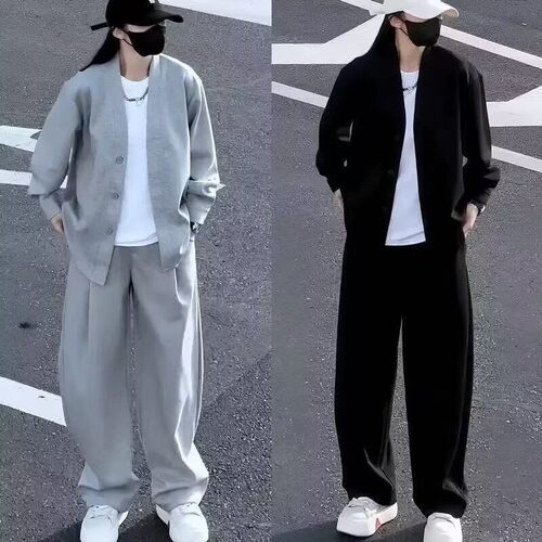 轻奢极简纯色开衫外套休闲套装男