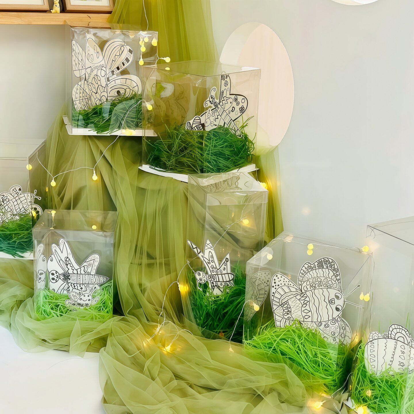 幼儿园春天环创绿色系拉菲草透明盒子摆件自然角装饰大厅场景布置