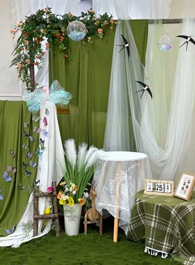 幼儿园春季开学环创国风场景布置新中式绿色布幔端午节背景布挂布