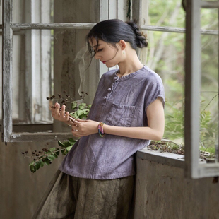 森系上衣短袖女2025新款休闲风文艺复古穿搭文艺范t恤女宽松夏