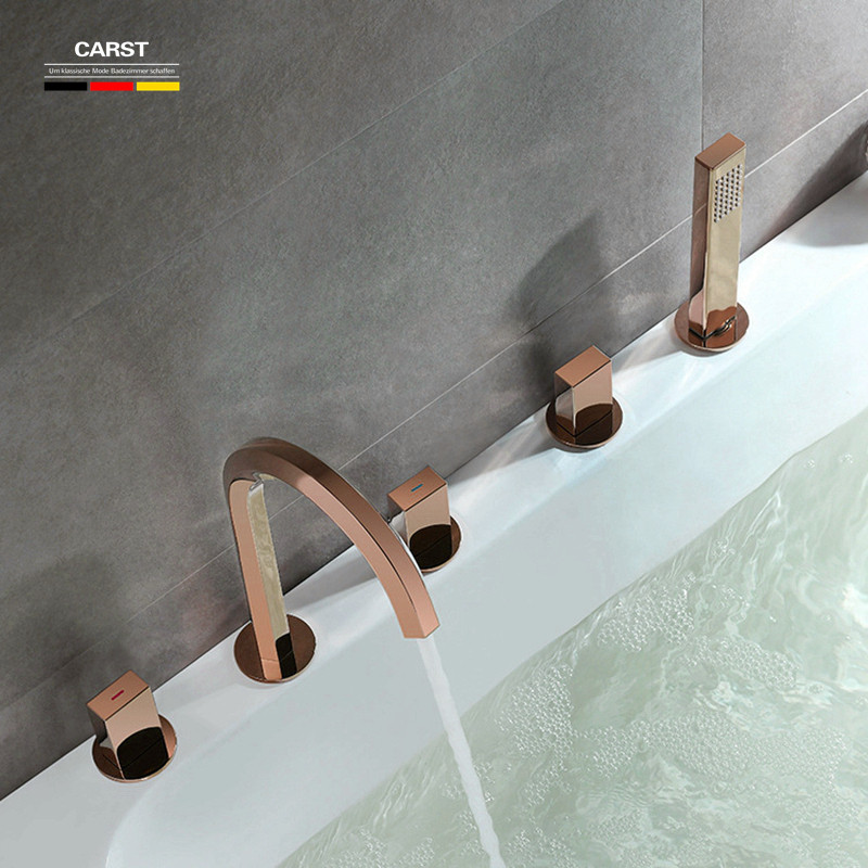 德国精工浴缸龙头五件套黄铜座式分体金色玫瑰金冷热水龙头花洒