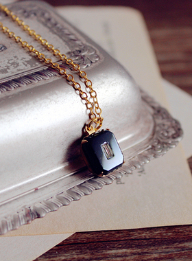 黑方糖｜西德vintage古董闪钻方形爪镶莱茵石手工项链